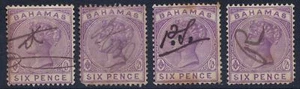 BAHAMAS 1884 QV 6d CONSTANT VARIETY BROKEN S...4 stamps - Picture 1 of 1