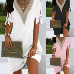 Summer V Neck Holiday Mini Dresses UK Womens Short Sleeve Dress Ladies Plus Size - Picture 1 of 5