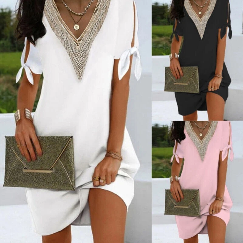 Summer V Neck Holiday Mini Dresses UK Womens Short Sleeve Dress Ladies Plus Size - Image 1 of 2
