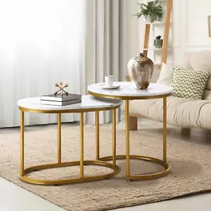 Oikiture Set of 2 Coffee Table Round Oval Marble Nesting Side End Table Gold - Picture 1 of 10