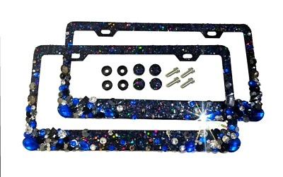 2 marcos de matrícula gruesos negros brillantes cubierta cristal estrás azul Foto 1 de 4