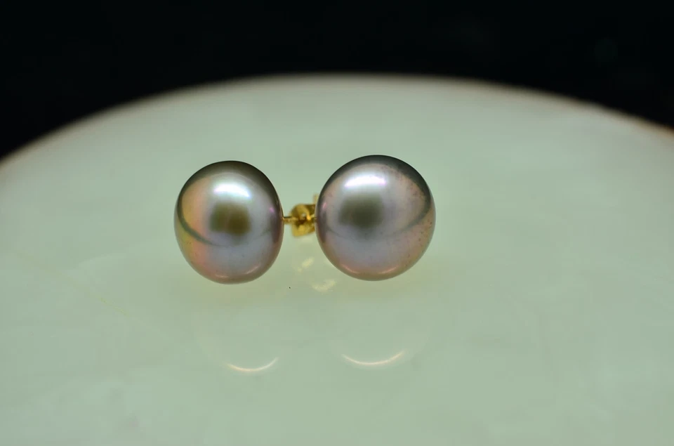 14K Yellow Gold Natural Gray Pearl Stud Earrings 9.2mm - Image 1 of 4