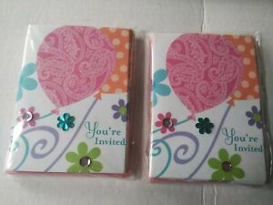 Hallmark 20 Party Cards Invitations “Your Invited" 2 PK Ballons & Flowers Sequin