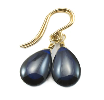 14k Gold Cubic Zirconia Earrings Blue Sapphire CZ Sterling Smooth Drop - Image 1 of 4