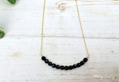 Black Onyx Faceted Round Gemstone Beads Bar Chain Handmade Women Necklaces 18'' - Image 1 of 4
