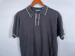 VTG Structure Linen Blend Polo Shirt Adult Medium Black White Piping Retro - Picture 1 of 10