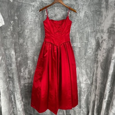 Jessica McClintock Gunne Sax Red Satin Floral Corset Prom Dress 3 4 Made in USA - Image 1 of 4