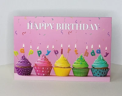 Happy Birthday Greeting Card, Happy Birthday, Colorful Cupcakes with Candles - Image 1 of 2