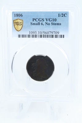 1806-P PCGS VG10BN Small 6 No Stems Draped Bust Half Cent Business Strike - Image 1 of 2