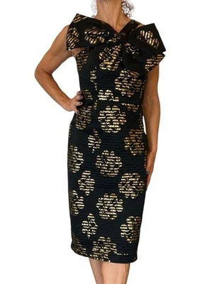 Vestido Milly New York Negro Dorado Metálico Floral Jacquard Lazo Un Hombro 6 Foto 1 de 4