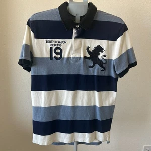 VTG Express Fitted Polo Blue Striped Shirt Big Logo Embroidered XL Rugby Bloke - Picture 1 of 5