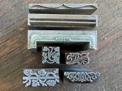 Eclectic Collection of 7 Antique all Metal PRINTING BLOCKS Ornate designs - Image 1 of 4