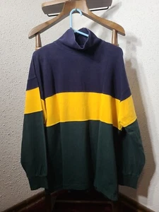 VTG 90s Y2K Pebble Beach Mens Turtleneck Shirt Colorblock Navy Yellow Green - Picture 1 of 6