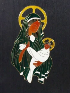 Cre Art S.A. Mexico Enamel Brass Wood 9” Mary Baby Jesus Icon Plaque Vtg Modern - Picture 1 of 12