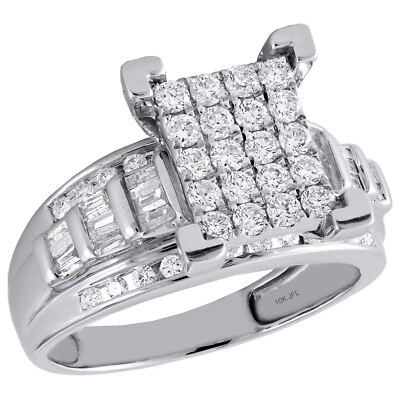 10K White Gold Round & Baguette Diamond Rectangle Cluster Engagement Ring 7/8 Ct - Image 1 of 4