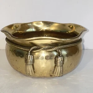 Vintage Hammered Brass Planter with Decorative Rope and Tassel Accents - Picture 1 of 11