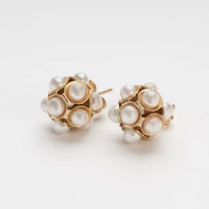 Button earrings with antique gold pearls handmade vintage woman bride - Picture 1 of 7