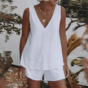 Set completo donna summe cotone lino set camicia top camicia pantaloncini tuta - Foto 1 di 17