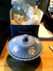 Wedgwood Blue Jasperware 5.5x4" Round Floral Swirl Candy Bowl w/ Lid Box NEW!