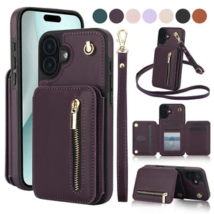 For iPhone 16 15 14 13 12 Pro Max Leather Card Wallet Crossbody Strap Stand Case - Picture 1 of 77