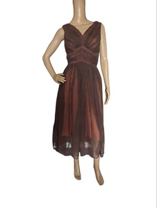 Vintage 50s Montaldos Brown Chiffon Ballerina Cocktail Party Dress - Picture 1 of 10