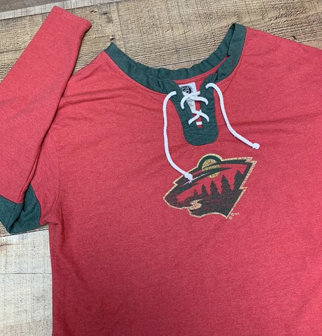 NHL MINNESOTA WILD LS Laced Neckline Red & Green LS Shirt / Top Women's Large Cover