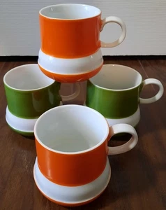 Seltene Colorama Bulbed Kaffeetassen ~ 4er Set ~ 2 orange & weiß 2 grün & weiß EUC - Bild 1 von 13