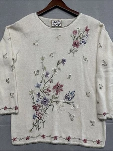 Maglione maglia cimelio da collezione vintage medio floreale ricamato avorio - Foto 1 di 12