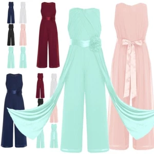 Girl's High Waist Jumpsuit Solid Color Detachable Flower Jumpsuit Elegant Belt - Picture 1 of 20