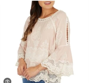 Democracy sz M women's lace crochet bell sleeve ivory embroidered boho top - Picture 1 of 12