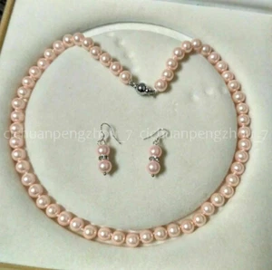 Fashion Jewelry 8mm Pink Akoya Shell Pearl Necklace Earrings Set 18/25/36/50'' - Picture 1 of 7