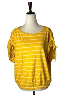 Marine Layer Shirt Women Yellow White Striped Short Sleeve Blaine Cinch Tee - Image 1 of 4