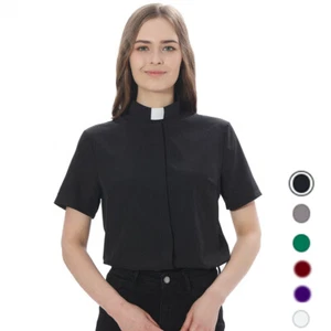 Women Clergy Shirt Inset Tab Collar Priest Clerical Shirt Pastor Black Blouse - Picture 1 of 17