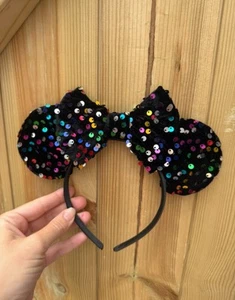 Girls Ladies Black Velvet Rainbow Sequin Disney Minnie Mouse Ears Headband - Picture 1 of 2