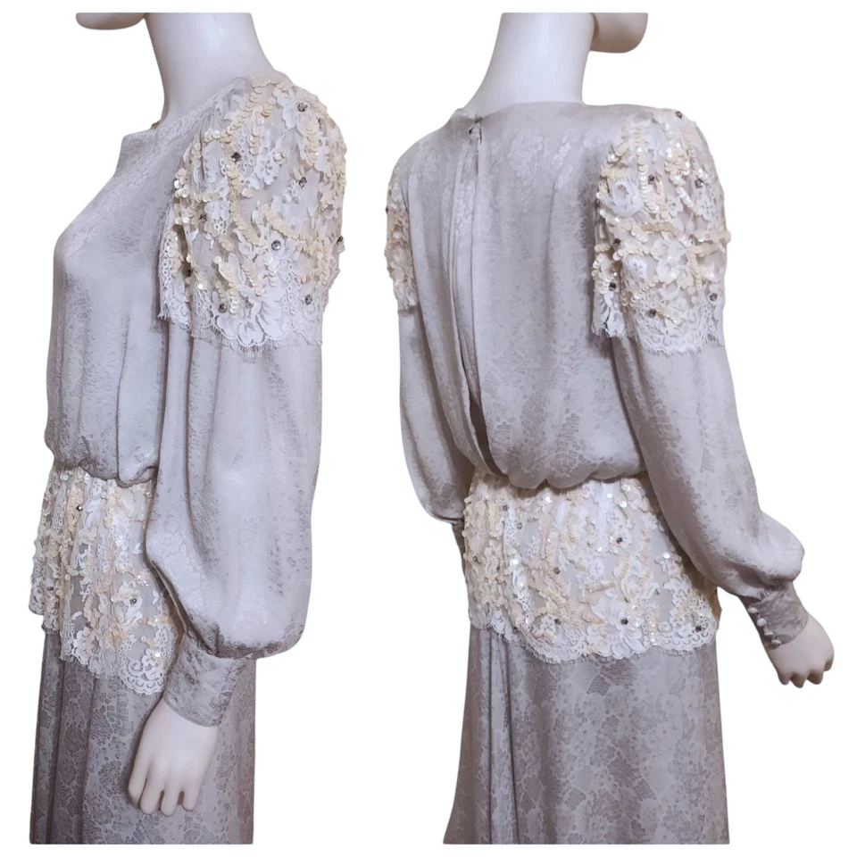Vtg OLEG CASSINI Lace Trim Silk Long Sleeve Maxi Bridal Dress Lt Grey/Ivory Sz 6 - Image 1 of 4