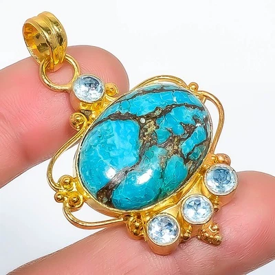 Colgante Chapado en Oro Diseño Antiguo Turquesa Azul Cobre Natural 2.15" P7622-538 Foto 1 de 3