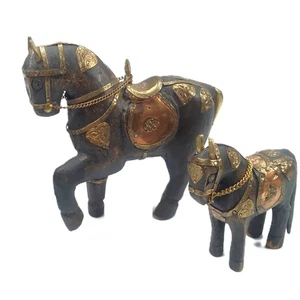 Set of 2 Battle Armored Hand Carved Horse Wood with Brass & Copper Inlay Metal - Picture 1 of 17