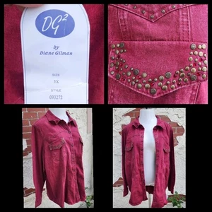 New 3X DG2 Diane Gilman studded rhinestone snap button long sleeve denim shirt - Picture 1 of 19