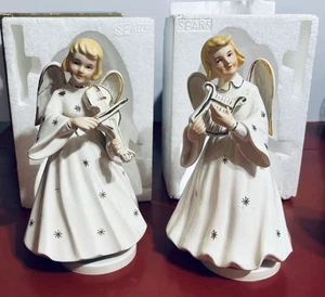  2 Vtg Sears Musical Revolving Rotating Porcelain Xmas Angels in box - Picture 1 of 13