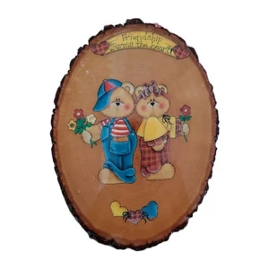 Vintage Handmade Teddy Bear Friendship Wood Wall Plaque Flowers Harts Love Gift - Picture 1 of 8