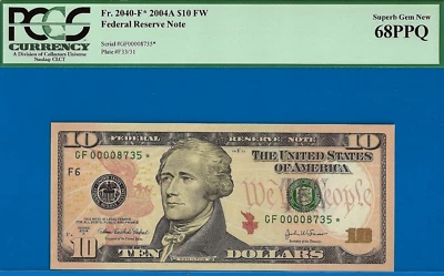 2004A $10 FRN Atlanta star PCGS 68PPQ 2nd finest Fr 2309-F* low serial 00008735* - Image 1 of 3