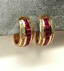 2.15 Ct Lab Created Princess Ruby Hoops Huggie Earrings 925 Sterling Silver - Picture 1 of 5