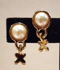 Beautiful Shiny Gold Faux Pearl Cabochon Stud With X Dangle Pierced Earrings
