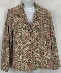 Alfred Dunner Gr. 14 Paisley Kunstleder Knopf Bluse Jacke rosa grün hellbraun gefüttert - Bild 1 von 12
