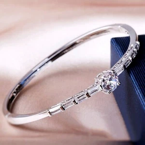 18K White Gold Filled Made With SWAROVSKI Crystal Round Cut Channel-Set Bangle - Picture 1 of 5