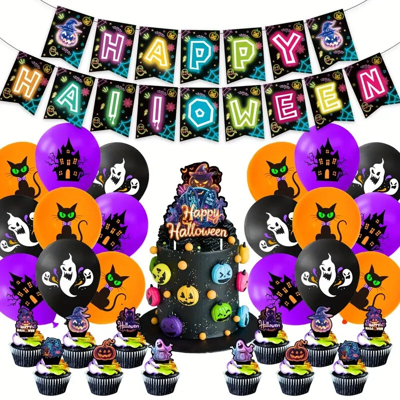 HALLOWEEN Theme Party Set Balloons Banners Cake Decorations FUN SPOOKY GHOUL CAT - Imagem 1 de 1
