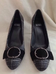 NEW***STUART WEITZMAN GRAY TWEED SHOES PUMPS - 8 M SILVER BUCKLE - Picture 1 of 12