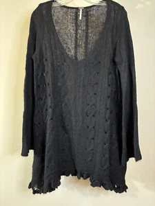 FREE PEOPLE Túnica Negra Mezcla Alpaca Cuello Redondo Suéter Encaje Volantes Borde M - Imagen 1 de 6