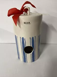 Rae Dunn Bird House Denim Blue Stripe Log Cylinder Nest HTF Ceramic - Picture 1 of 8