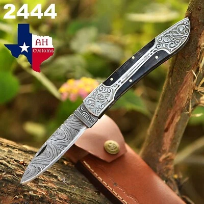 DAMASCUS STEEL FOLDING POCKET KNIFE SKINNING HUNTING SURVIVAL CAMPING EDC 2444 - Image 1 of 4